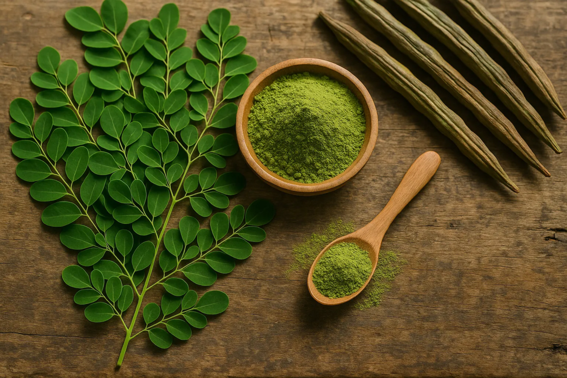 Moringa w liściach i sproszkowana, w miseczce.